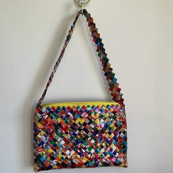 WOMEN’S Colorful Recycled Candy Wrapper Woven Retro Purse Shoulder Bag - Picture 1 of 11